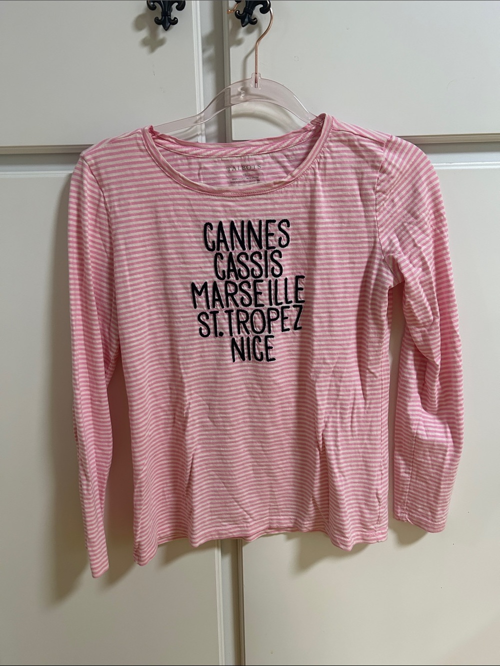 Talbots Pink & White Striped French Long-Sleeve Embroidered Tee XS